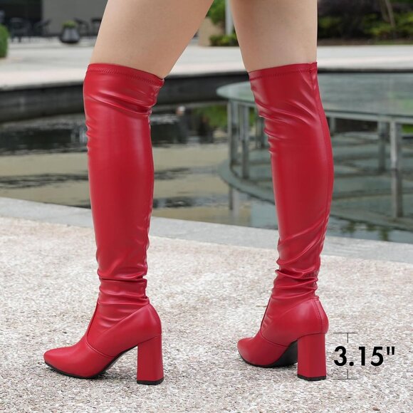 Hawkwell Women's Red pu Low Flat Heel Thigh High Over The Knee Fashion Boots - Picture 4 of 5